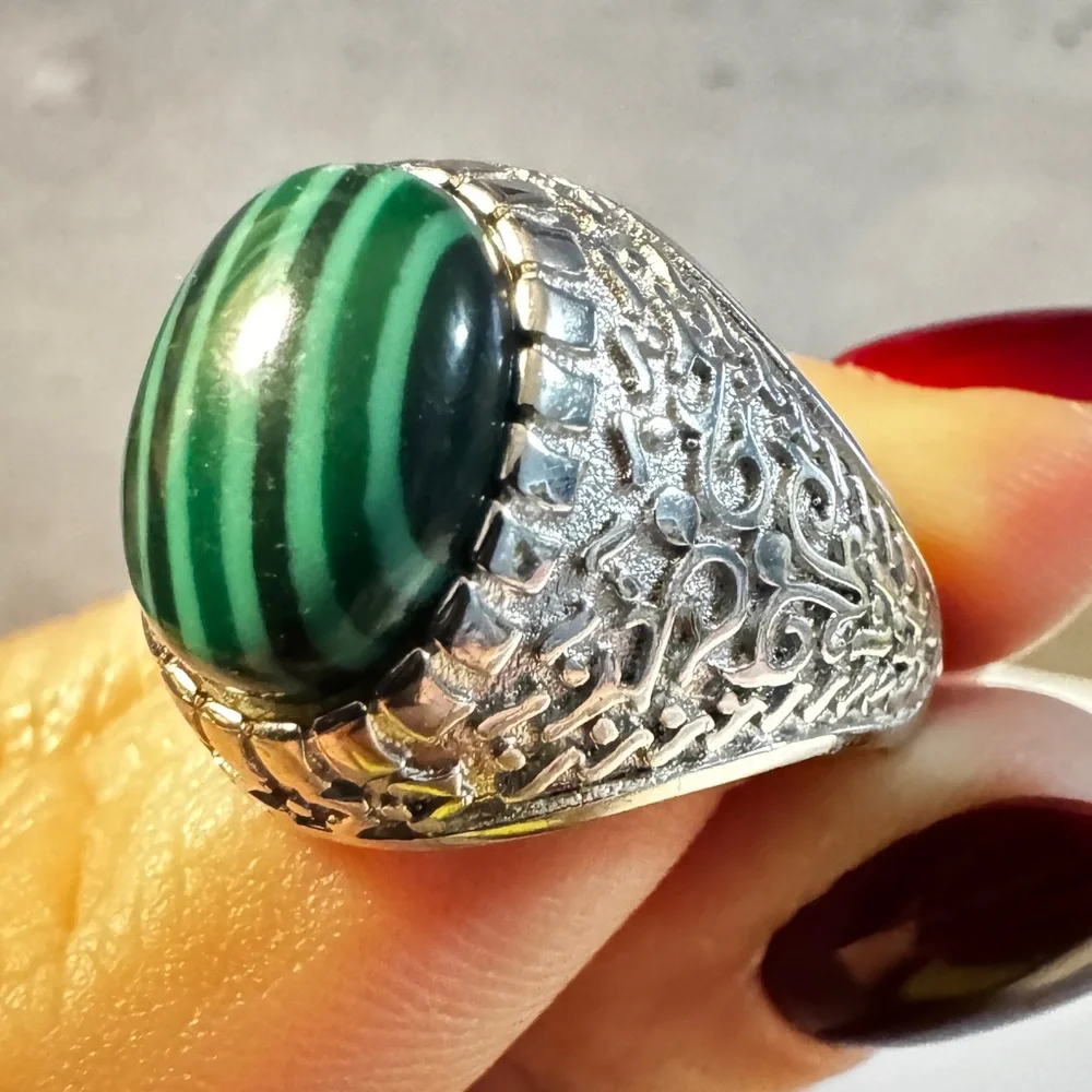Vintage Style Faux Malachite Silver Tone Statement Ring Sz 7 Green Striped Oval